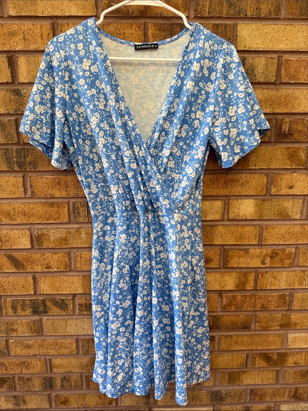 Blue Floral Faux-Wrap Midi Dress by FENSAKE